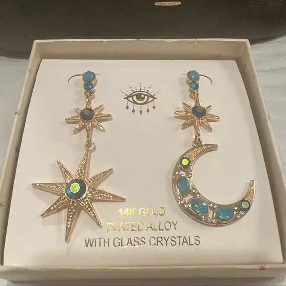 Eye Candy Gold Star and Moon Earrings with Blue Crystals - Picture 1 of 4